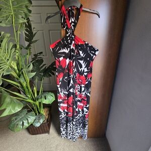 White House Black Market Black and Red Floral Maxi Dress Tie Back Halter
